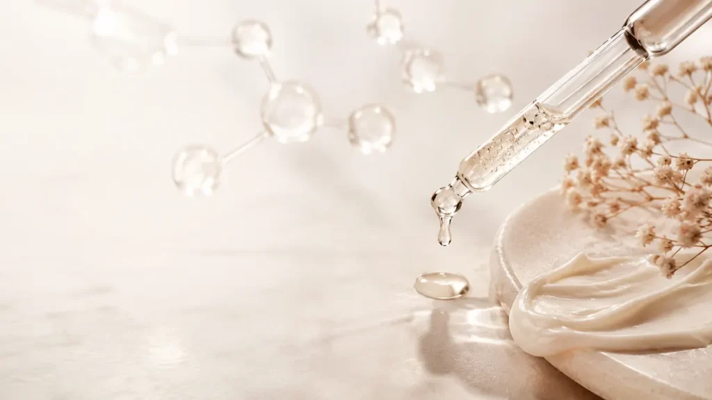 Peptidserum med pipett och ansiktskräm för hudvård mot fina linjer och rynkor